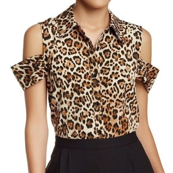 WAYF Top Brown Black Leopard Print Button Blouse Cold Shoulder - Picture 2 of 12